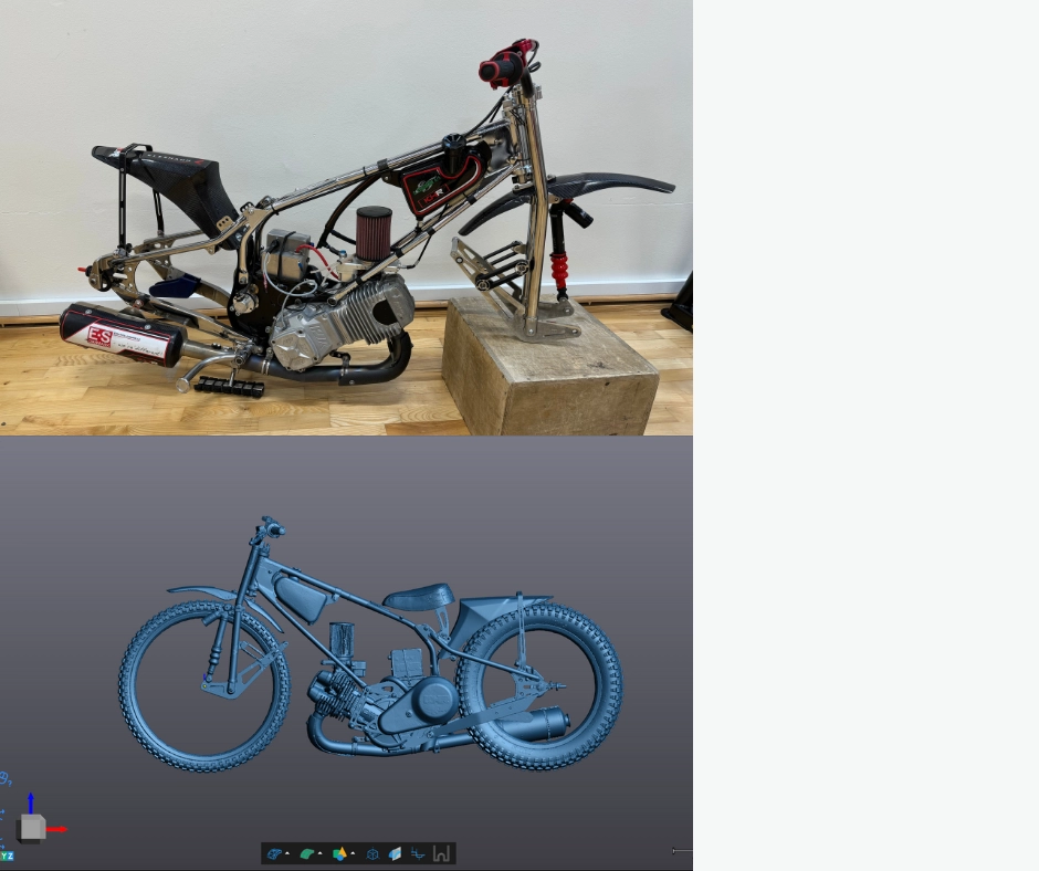 El-motorcykelramme sammenligning: fysisk vs. digital model.